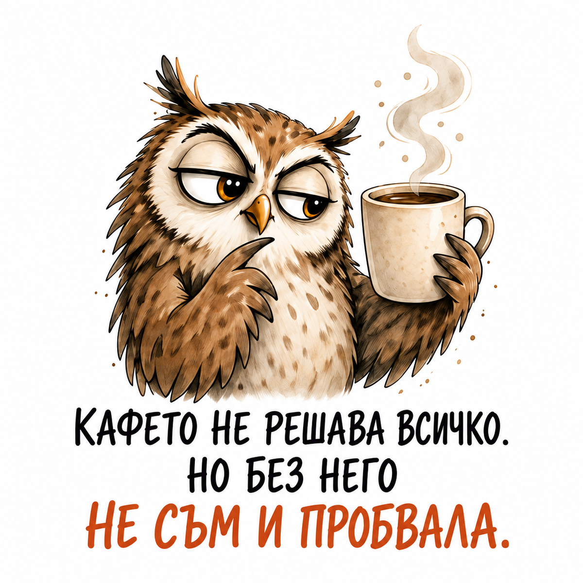 Тениска Бухал – Без кафе не съм пробвала – дизайн на щампата
