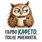 Тениска Бухал – Първо кафето – дизайн на щампата