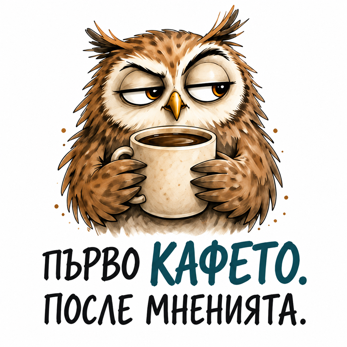 Тениска Бухал – Първо кафето – дизайн на щампата