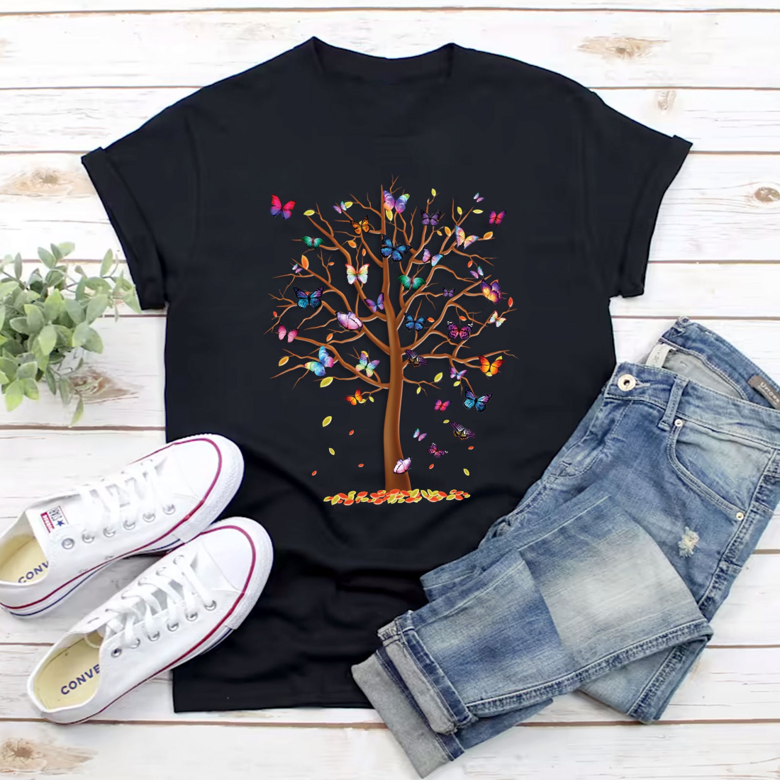Тениска черна Butterflies Tree